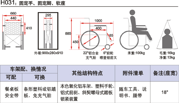 魚躍輪椅車 H031 技術(shù)參數(shù)