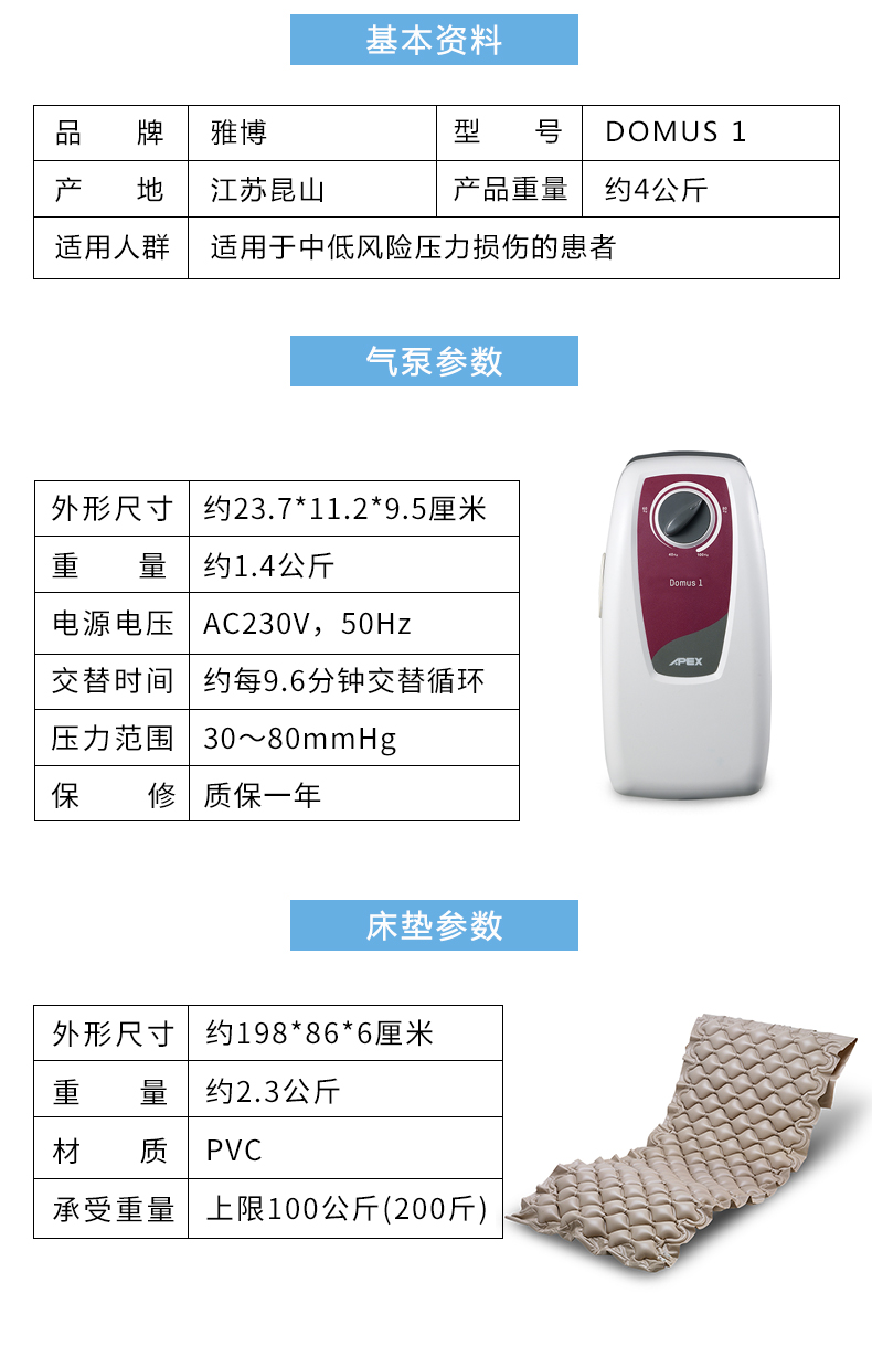 雅博 防褥瘡氣墊 DOMUS 1 產(chǎn)品參數(shù) 雅博 防褥瘡氣墊 DOMUS 1 產(chǎn)品參數(shù)